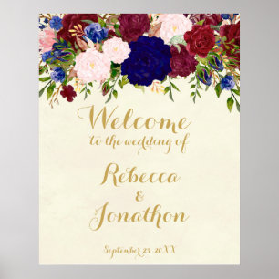 moderne marine-marsala-blumen-hochzeit-willkommens poster