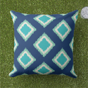 Moderne Marine und Aqua Blue Diamond Ikat Muster Kissen Für Draußen