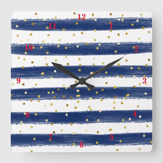 Moderne Marine, weiß, goldene Streifen, Konfetti-U Quadratische Wanduhr (Vorderseite)