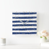 Moderne Marine, weiß, goldene Streifen, Konfetti-U Quadratische Wanduhr (Zuhause)