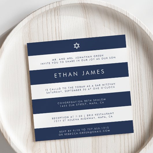 Moderne Marine & White Stripe Bar Mitzvah Einladun Einladung