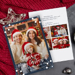 Moderne marineblau 5 Foto Collage Frohe Weihnachte Feiertagskarte<br><div class="desc">Einfache minimale stilvolle fünf individuelle Fotos der Familie "Frohe Weihnachten und ein glückliches neues Jahr" (veränderlich) Typografie-Skript überlagert Weihnachtskarten-Vorlage mit dunkelblauem Rahmen und Schneeflocken.                        Einfach mit Ihren Bildern,  Text,  Namenssignatur und Wünschen auf beiden Seiten personalisieren!</div>
