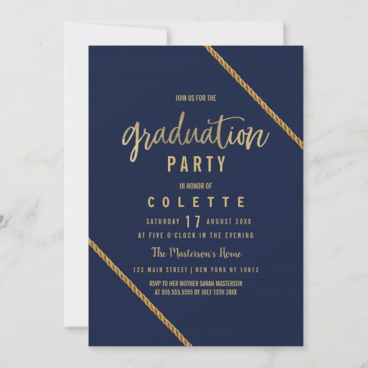Moderne Marineblau-Imitate Goldgraduierungsparty Einladung (Vorderseite)