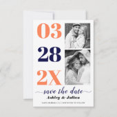 Moderne marineblau, Korallentypografie zwei Foto Save The Date (Vorderseite)