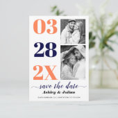 Moderne marineblau, Korallentypografie zwei Foto Save The Date (Stehend Vorderseite)
