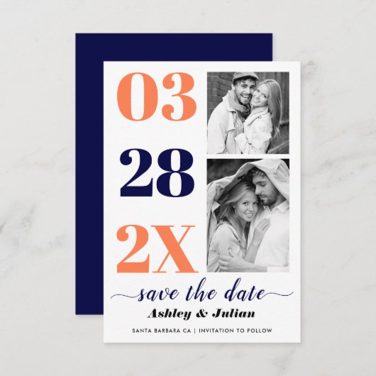 Moderne marineblau, Korallentypografie zwei Foto Save The Date (Vorne/Hinten)