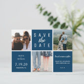 Moderne marineblaue 3-Foto-Collage Save The Date (Stehend Vorderseite)