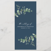 Moderne marineblaue Eukalyptus Hochzeit Menükarte (Rückseite)