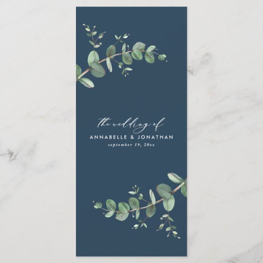 Moderne marineblaue Eukalyptus Hochzeit Menükarte (Rückseite)