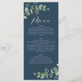Moderne marineblaue Eukalyptus Hochzeit Menükarte (Vorderseite)