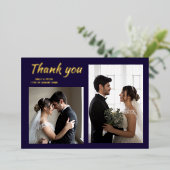 Moderne marineblaue Hochzeitfolie Foto Dankeschön Folieneinladung (Stehend vorne)