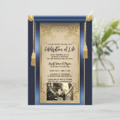 Moderne marineblaue Satin-Scrolltassels sepia-Foto Einladung (Stehend Vorderseite)