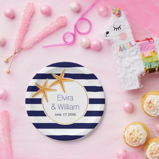 Moderne marineblaue Streifen, Hochzeit am Seestran Pappteller (Party)
