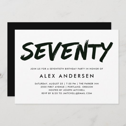 Moderne Marker Schwarz und Weiß Seventieth Birthda Einladung (Vorne/Hinten)