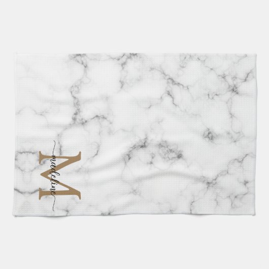 Moderne Marmor Gold Mädchenhaft Skript Monogramm Geschirrtuch (Horizontal)