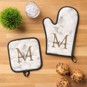 Moderne Marmor-Gold-Schrift-Monogramm Ofenhandschuh & Topflappen-Set