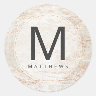 Moderne Marmor in Beige & Kupfer-Monogramm-Hochzei Runder Aufkleber