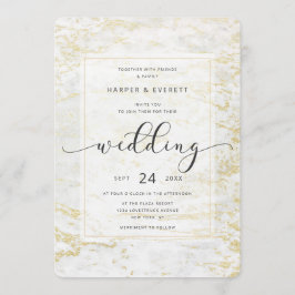 Moderne Marmor in klassischem Weiß mit Goldhochzei Einladung