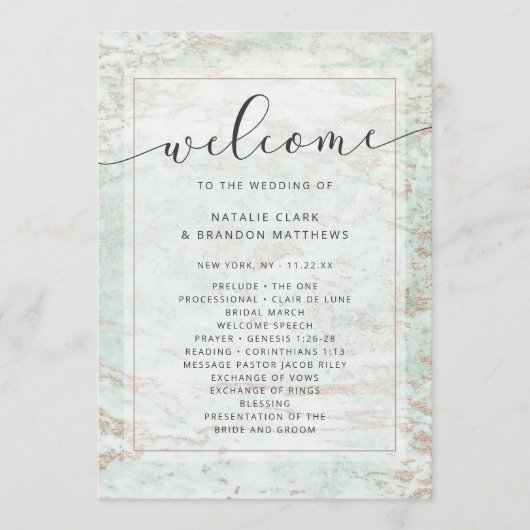 Moderne Marmor in Mint Rose Goldhochzeit Programm (Vorderseite)
