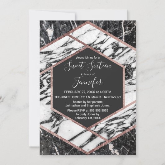 Moderne Marmor Rose Gold Trim Hexagon Sweet 16 Einladung (Vorderseite)
