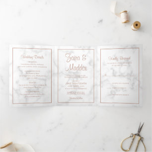 Moderne Marmor-Roségold-Schrift Hochzeit Dreifach Gefaltete Einladung