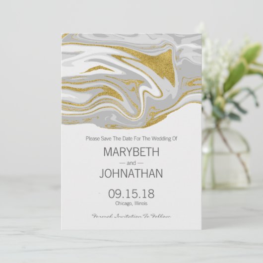 Moderne Marmor- und Gold-Hochzeiten sparen die Dat Save The Date (Stehend Vorderseite)