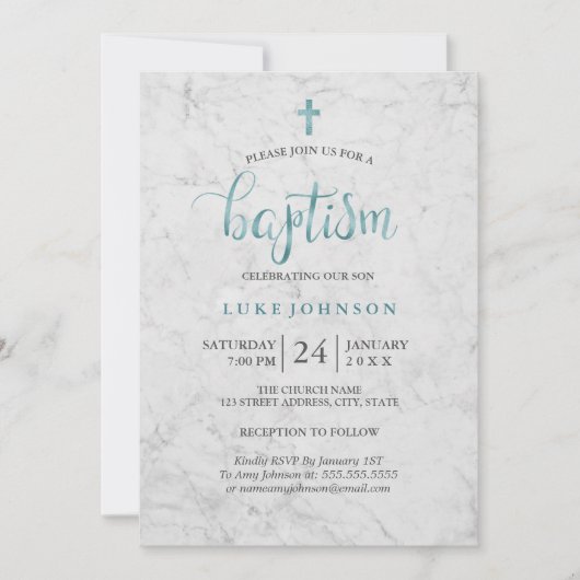Moderne Marmorblauer Taufe Einladung (Vorderseite)