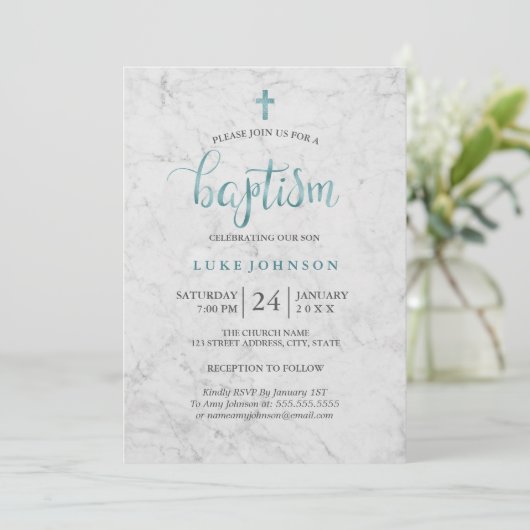 Moderne Marmorblauer Taufe Einladung (Stehend Vorderseite)