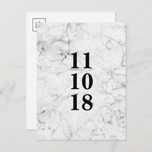 Moderne Marmorhochzeit speichert das Datum Postkar Ankündigungspostkarte (Vorne/Hinten)