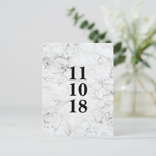 Moderne Marmorhochzeit speichert das Datum Postkar Ankündigungspostkarte (Stehend Vorderseite)