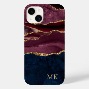 Moderne Marmorierte Achat in Gold, Burgund und Nav Case-Mate iPhone 14 Hülle