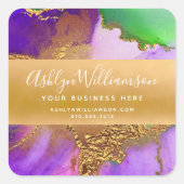 Moderne Marmorwasserfarbe Gold lila grüne Schrift Quadratischer Aufkleber (Vorderseite)