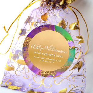 Moderne Marmorwasserfarbe lila goldgrüne Schrift Runder Aufkleber