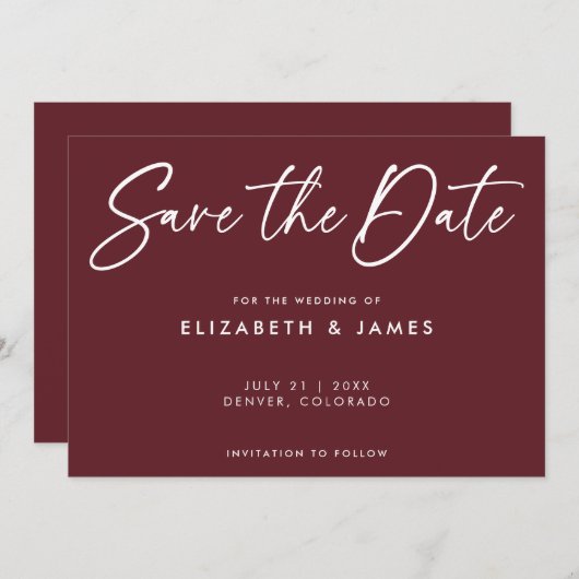 Moderne Maroon-Hochzeit rettet die Einladung (Vorne/Hinten)