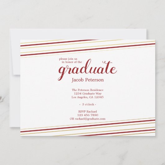 Moderne Maroon- und Goldstreifen-Abschluss-Karten Einladung (Rückseite)