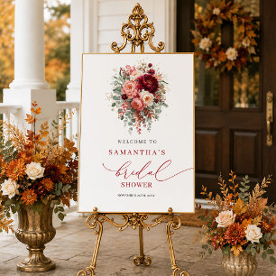 Moderne Marsala-Blumen-Herbst-Brautparty-Willkomme Poster