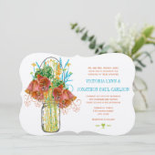 Moderne Mason Jar Coral Gelbe Limone Blumenhochzei Einladung (Stehend Vorderseite)