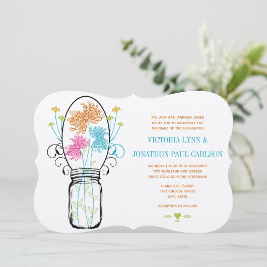 Moderne Mason Jar Pink Orange Limone Blumenhochzei Einladung (Stehend Vorderseite)