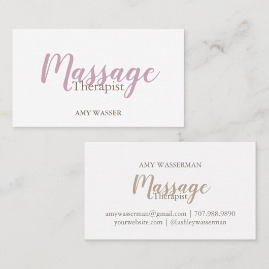 Moderne Massage Therapeut Script Blush Pink Visitenkarte (Vorne/Hinten)