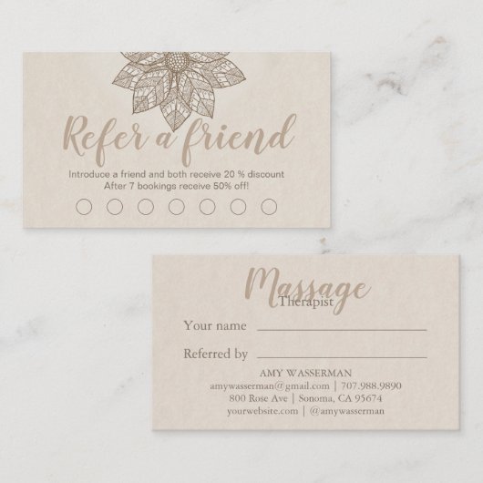 Moderne Massagetherapeutin Script Lotus Blume Treuekarte (Vorne/Hinten)