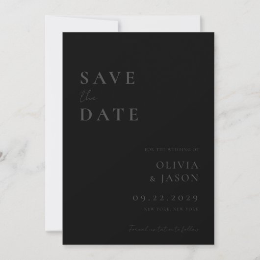 Moderne Matte Black Minimal Hochzeit Save The Date (Vorderseite)