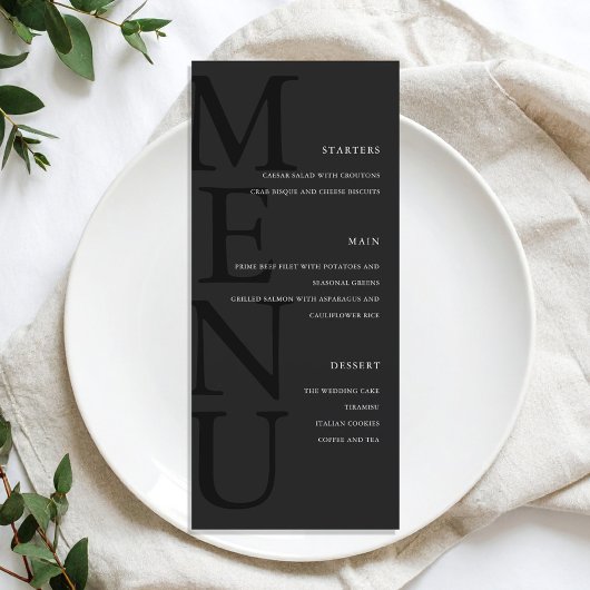 Moderne Matte Black Minimalistisch Wedding Menükarte