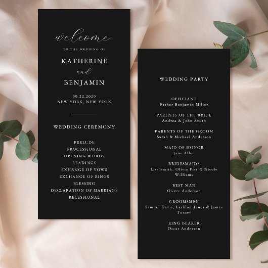 Moderne Matte Black Minimalistisch Wedding Programm