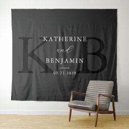 Moderne Matte Black Monogram Wedding Background Wandteppich