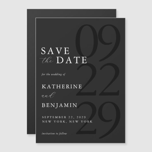 Moderne Matte Schwarz Minimal Wedding Save the Dat Magneteinladung (Vorne/Hinten)