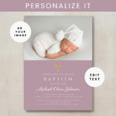 Moderne mauve Religious Cross Foto Taufe Einladung