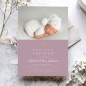 Moderne mauve Religious Cross Foto Taufe Einladung