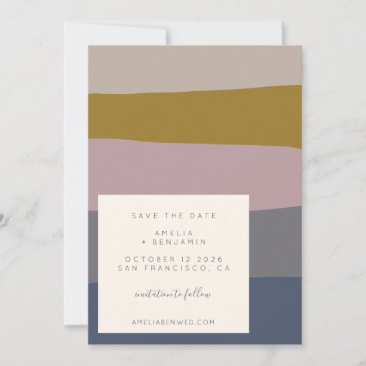 Moderne Mauve- und Blautönblöcke Minimalistisch Save The Date (Vorderseite)
