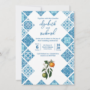 Moderne mediterrane blaue Fliesen-Hochzeit mit Zit Einladung