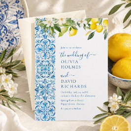 Moderne mediterrane blaue Fliesen und Lemon Weddin Einladung